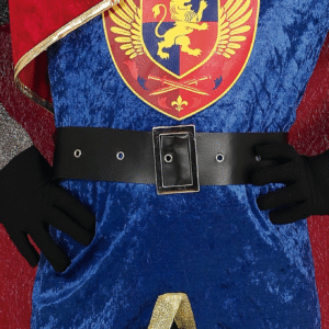 Déguisement de Roi enfant avec tunique bleue ornée d'un écusson, cape rouge, pantalon noir et ceinture, idéal pour les fêtes d'anniversaire, le Carnaval, les spectacles scolaires ou les fêtes médiévales.