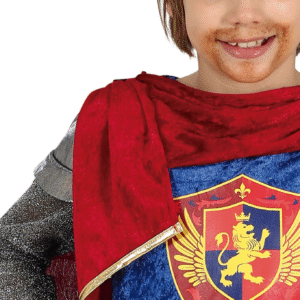 Déguisement de Roi enfant avec tunique bleue ornée d'un écusson, cape rouge, pantalon noir et ceinture, idéal pour les fêtes d'anniversaire, le Carnaval, les spectacles scolaires ou les fêtes médiévales.