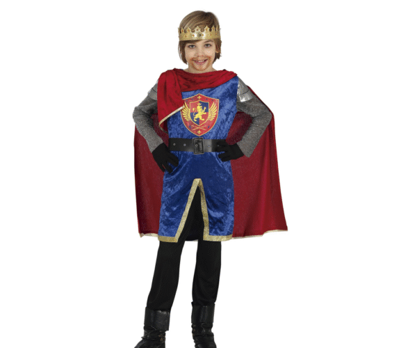 Déguisement de Roi enfant avec tunique bleue ornée d'un écusson, cape rouge, pantalon noir et ceinture, idéal pour les fêtes d'anniversaire, le Carnaval, les spectacles scolaires ou les fêtes médiévales.