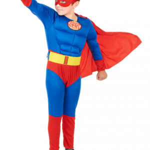 Déguisement de super-héros pour garçon, comprenant une combinaison rouge et bleue matelassée pour un effet musclé, une cape rouge à scratch facile à mettre et à enlever, un masque rouge élastique pour un bon maintien, et une ceinture jaune et un logo imprimés sur la combinaison, idéal pour le Carnaval, les anniversaires et les fêtes déguisées