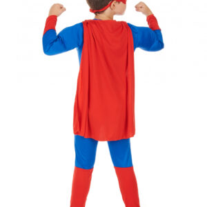 Déguisement de super-héros pour garçon, comprenant une combinaison rouge et bleue matelassée pour un effet musclé, une cape rouge à scratch facile à mettre et à enlever, un masque rouge élastique pour un bon maintien, et une ceinture jaune et un logo imprimés sur la combinaison, idéal pour le Carnaval, les anniversaires et les fêtes déguisées