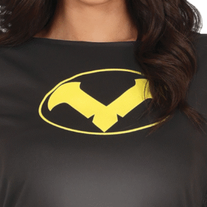 Déguisement d'héroïne chauve-souris comprenant une robe, une cape, une ceinture, des manches et un masque, idéal pour Halloween, le Carnaval, les fêtes costumées, les soirées à thème super-héros ou les conventions de comics