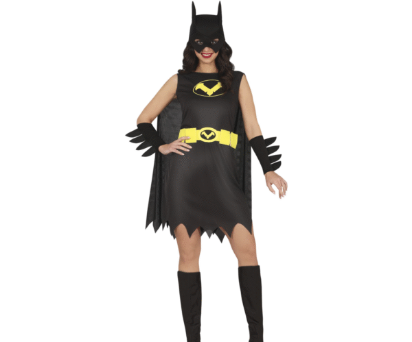 Déguisement d'héroïne chauve-souris comprenant une robe, une cape, une ceinture, des manches et un masque, idéal pour Halloween, le Carnaval, les fêtes costumées, les soirées à thème super-héros ou les conventions de comics