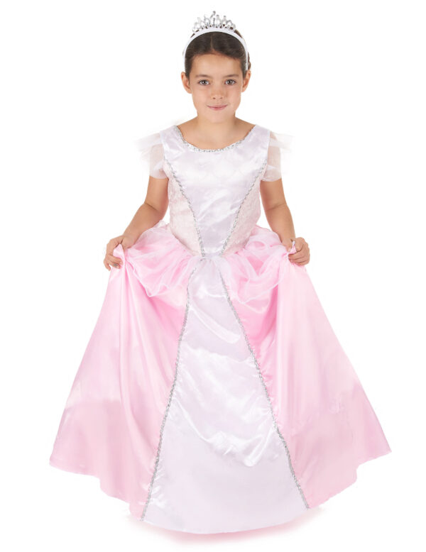 Déguisement de princesse pour fille, comprenant une robe longue avec taille élastique, liserés argentés et un voile blanc court, et un serre-tête argenté, idéal pour les fêtes d'anniversaire, Carnaval et autres occasions festives.