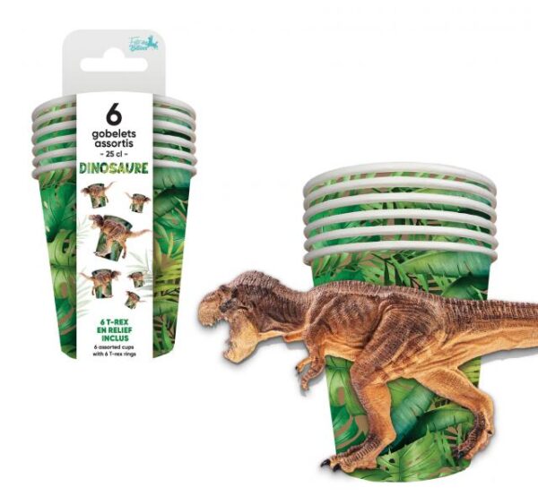 Lot de 6 gobelets en carton/plastique de 25cl, décorés avec des motifs de dinosaures et T-Rex en relief, idéaux pour les anniversaires d'enfants, les goûters et les fêtes sur le thème des dinosaures et de la préhistoire