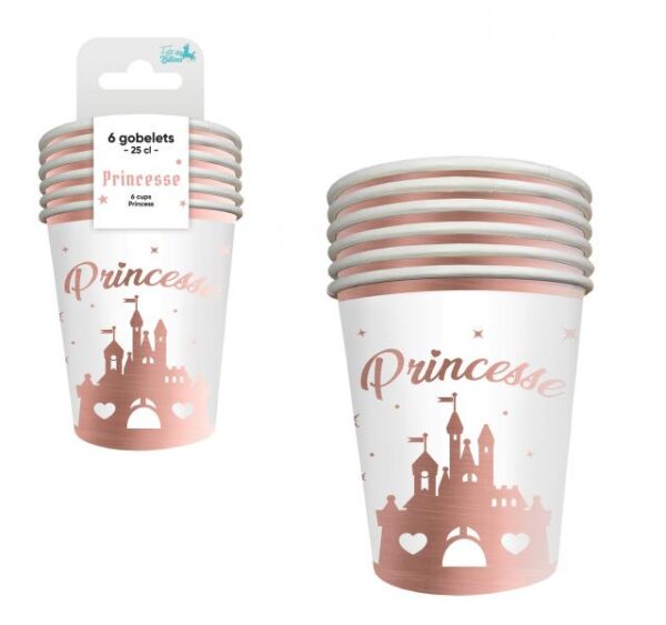 Lot de 6 gobelets en carton princesses de 25cl, motif château de princesse rose et inscription 'Princesse', idéaux pour les anniversaires d'enfants, les baptêmes, les goûters et les fêtes sur le thème des princesses et des contes de fées.