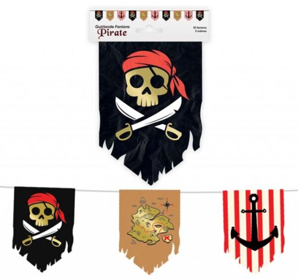 Guirlande de 10 fanions pirates en carton de 3 mètres, avec des motifs de têtes de mort, de sabres croisés, de cartes au trésor, d'ancres et de drapeaux rayés, idéale pour la décoration d'anniversaire d'enfant, de goûters, de chasses au trésor, de fêtes costumées et d'événements sur le thème des pirates
