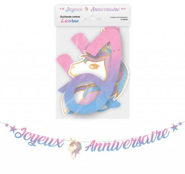 Guirlande de lettres "Joyeux Anniversaire" sur le thème des licornes, avec motif de tête de licorne, crinière multicolore, corne dorée et dégradés de couleurs pastel (rose, bleu, violet), d'une longueur de 4 mètres, idéale pour la décoration d'anniversaires d'enfants et d'adultes, de baptêmes, de goûters et de fêtes sur le thème des licornes et des contes de fées
