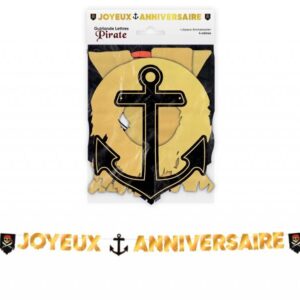 Guirlande de lettres "Joyeux Anniversaire" sur le thème des pirates, avec des motifs d'ancre, de têtes de mort