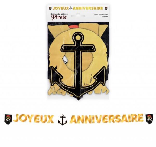 Guirlande de lettres "Joyeux Anniversaire" sur le thème des pirates, avec des motifs d'ancre, de têtes de mort