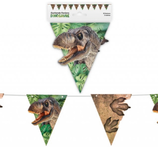 Guirlande de fanions dinosaures avec des motifs de têtes de T-Rex, d'empreintes de pas et/ou de feuillages, idéale pour la décoration d'anniversaire d'enfant sur le thème des dinosaures ou de la préhistoire