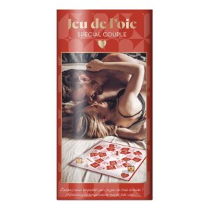 Coffret Jeu de l'Oie Couple Saint-Valentin avec plateau, 2 dés, 2 pions et 2 shooters 'Chérie' et 'Chéri', jeu coquin pour pimenter sa soirée en amoureux.