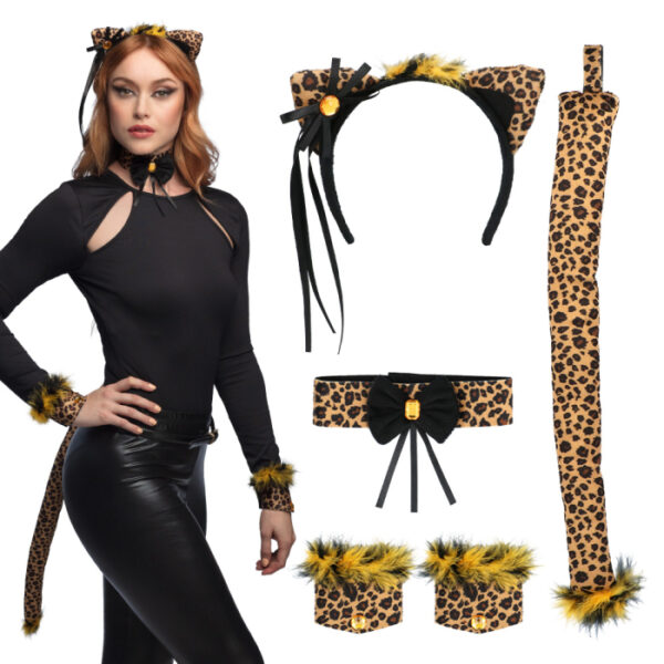 Kit de déguisement léopard avec oreilles, queue et col à fourrure, en fourrure synthétique. Accessoire de déguisement idéal pour une soirée à thème animalier, un carnaval ou Halloween.