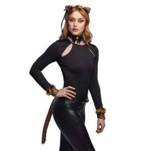 Kit de déguisement léopard avec oreilles, queue et col à fourrure, en fourrure synthétique. Accessoire de déguisement idéal pour une soirée à thème animalier, un carnaval ou Halloween.