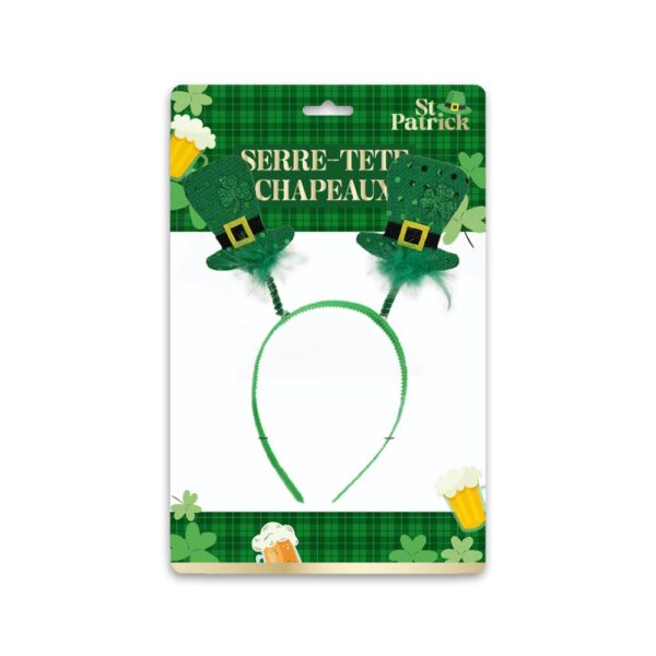 Le serre-tête est vert avec 2 chapeaux irlandais sur un ressort.