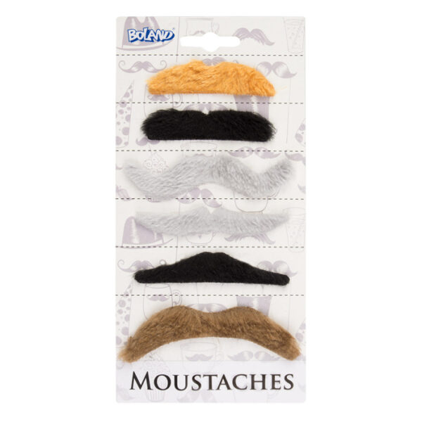 Lot de 6 moustaches couleurs assortis, blond, brun, noir, blanche
