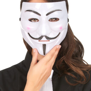 Masque d'anonyme (Guy Fawkes) pour adulte, en plastique blanc imprimé avec sourcils, moustache et joues roses, muni d'un large élastique de maintien et de bandes de confort en polystyrène, accessoire idéal pour compléter un déguisement de V pour Vendetta, pour le Carnaval, Halloween, les manifestations et les soirées à thème.