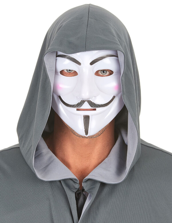 Masque d'anonyme (Guy Fawkes) pour adulte, en plastique blanc imprimé avec sourcils, moustache et joues roses, muni d'un large élastique de maintien et de bandes de confort en polystyrène, accessoire idéal pour compléter un déguisement de V pour Vendetta, pour le Carnaval, Halloween, les manifestations et les soirées à thème.