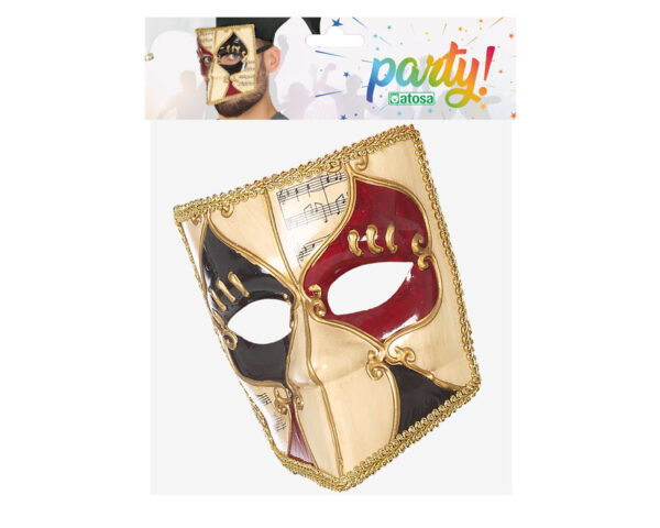 Masque vénitien style Arlequin/Colombine beige, noir et rouge avec bordure dorée et motifs musicaux, accessoire de déguisement pour soirée costumée ou carnaval