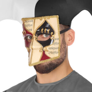 Masque vénitien style Arlequin/Colombine beige, noir et rouge avec bordure dorée et motifs musicaux, accessoire de déguisement pour soirée costumée ou carnaval