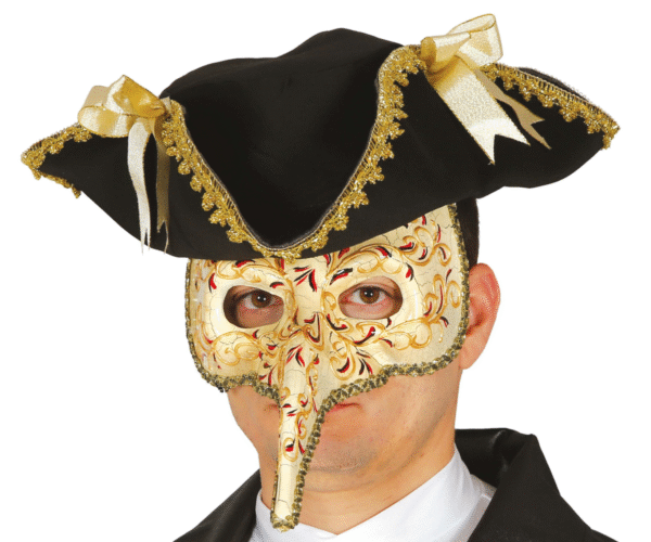 Masque vénitien à long nez ivoire avec motifs floraux et arabesques or, rouge et noir et effet craquelé, accessoire de déguisement idéal pour le Carnaval, les bals masqués, Halloween ou les soirées à thème vénitien et historique.