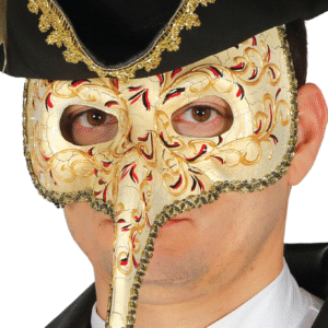 Masque vénitien à long nez ivoire avec motifs floraux et arabesques or, rouge et noir et effet craquelé, accessoire de déguisement idéal pour le Carnaval, les bals masqués, Halloween ou les soirées à thème vénitien et historique.