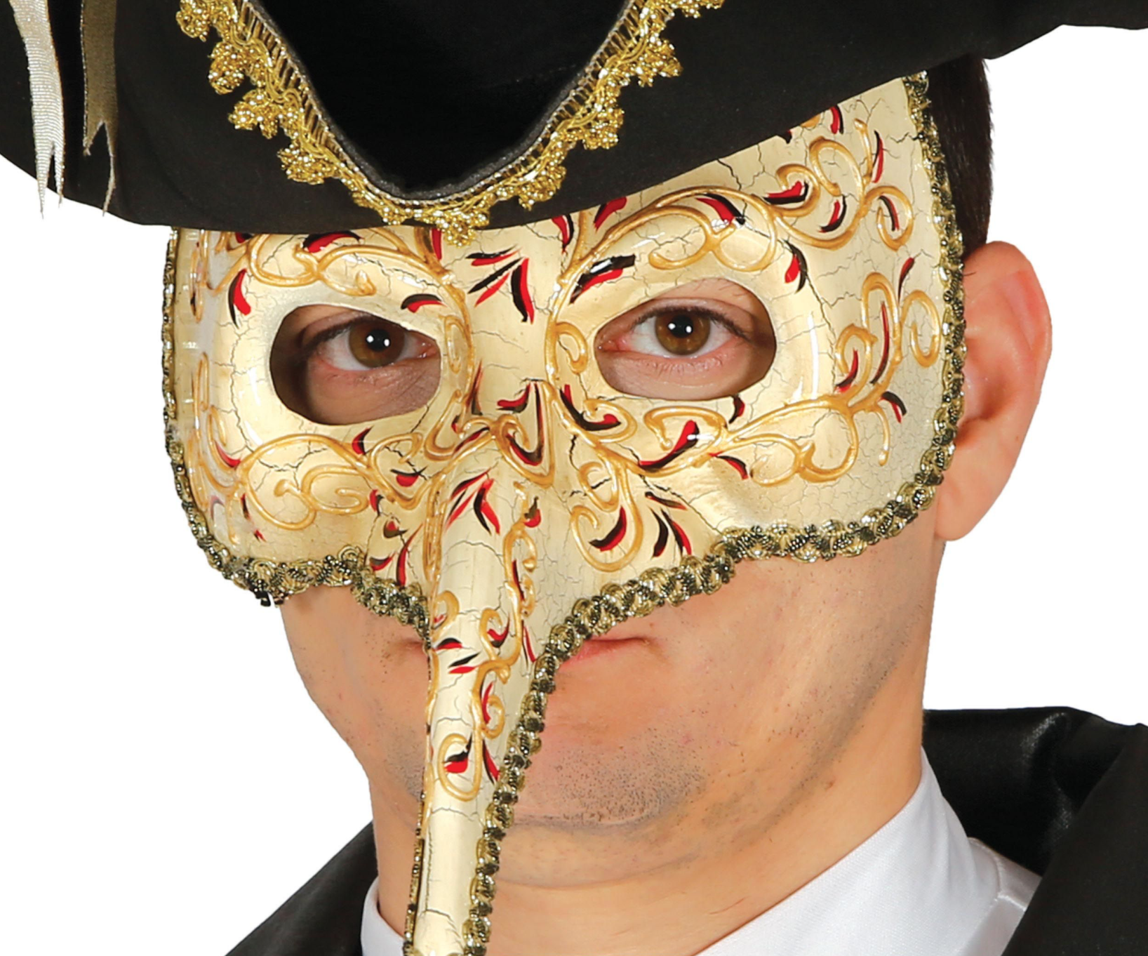 Masque vénitien à long nez ivoire avec motifs floraux et arabesques or, rouge et noir et effet craquelé, accessoire de déguisement idéal pour le Carnaval, les bals masqués, Halloween ou les soirées à thème vénitien et historique.