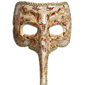Masque vénitien à long nez ivoire avec motifs floraux et arabesques or, rouge et noir et effet craquelé, accessoire de déguisement idéal pour le Carnaval, les bals masqués, Halloween ou les soirées à thème vénitien et historique.