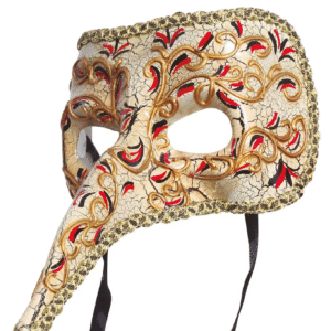 Masque vénitien à long nez ivoire avec motifs floraux et arabesques or, rouge et noir et effet craquelé, accessoire de déguisement idéal pour le Carnaval, les bals masqués, Halloween ou les soirées à thème vénitien et historique.