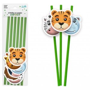Lot de 6 pailles en papier biodégradable décorées de têtes d'animaux de la jungle (tigre, lion, hippopotame), idéales pour les anniversaires d'enfants, les goûters, les pique-niques et les fêtes sur le thème de la jungle et des safaris