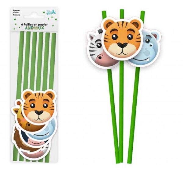 Lot de 6 pailles en papier biodégradable décorées de têtes d'animaux de la jungle (tigre, lion, hippopotame), idéales pour les anniversaires d'enfants, les goûters, les pique-niques et les fêtes sur le thème de la jungle et des safaris