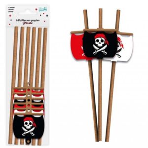 Lot de 6 pailles en papier biodégradable décorées de drapeaux pirates (Jolly Roger, rouges et blancs), idéales pour les fêtes d'anniversaire sur le thème des pirates, les goûters, les chasses au trésor et les fêtes costumées