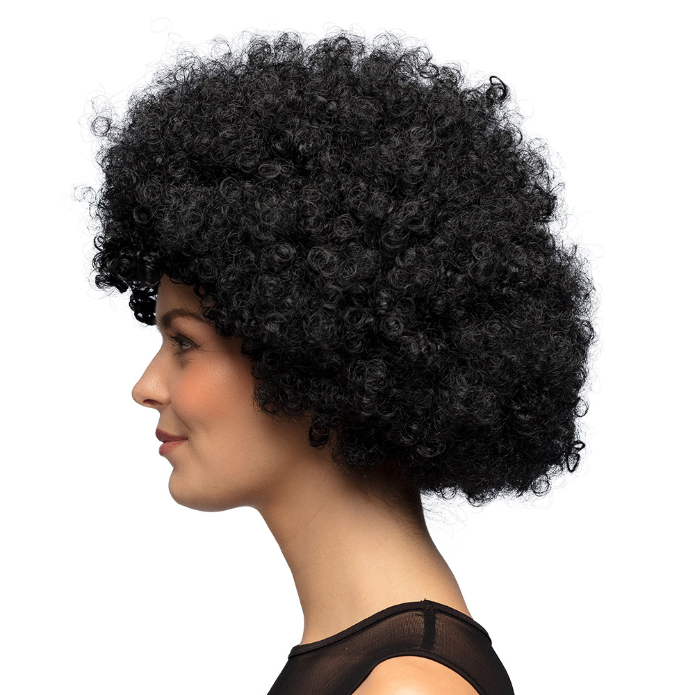 Perruque groove noire en cheveux synthétiques, avec élastique. Accessoire de déguisement idéal pour une soirée à thème disco, un carnaval ou Halloween