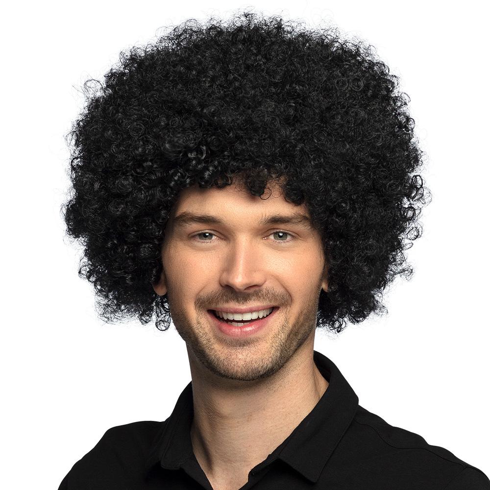 Perruque groove noire en cheveux synthétiques, avec élastique. Accessoire de déguisement idéal pour une soirée à thème disco, un carnaval ou Halloween