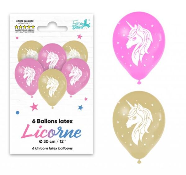 Sachet de 6 ballons en latex licorne de 30 cm, gonflage air ou hélium, haute qualité, couleurs rose et or, idéaux pour les anniversaires d'enfants, les baptêmes, les goûters et les fêtes sur le thème des licornes et des contes de fées