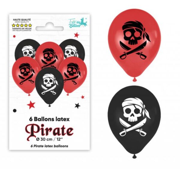 Sachet de 6 ballons en latex pirate Tête de Mort de 30 cm, gonflage air ou hélium, haute qualité, couleurs noir et rouge, idéaux pour les anniversaires d'enfants, les goûters, les chasses au trésor et les fêtes sur le thème des pirates