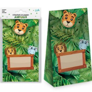 Lot de 6 sachets en papier avec motif de feuillage luxuriant, têtes de tigre, lion et hippopotame, et espace pour écrire un nom, idéaux pour les anniversaires d'enfants, les goûters, les chasses au trésor et les fêtes sur le thème de la jungle et des safaris