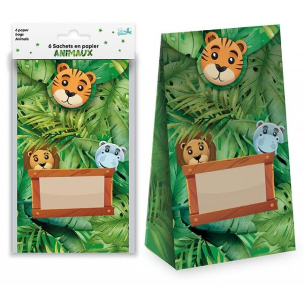 Lot de 6 sachets en papier avec motif de feuillage luxuriant, têtes de tigre, lion et hippopotame, et espace pour écrire un nom, idéaux pour les anniversaires d'enfants, les goûters, les chasses au trésor et les fêtes sur le thème de la jungle et des safaris