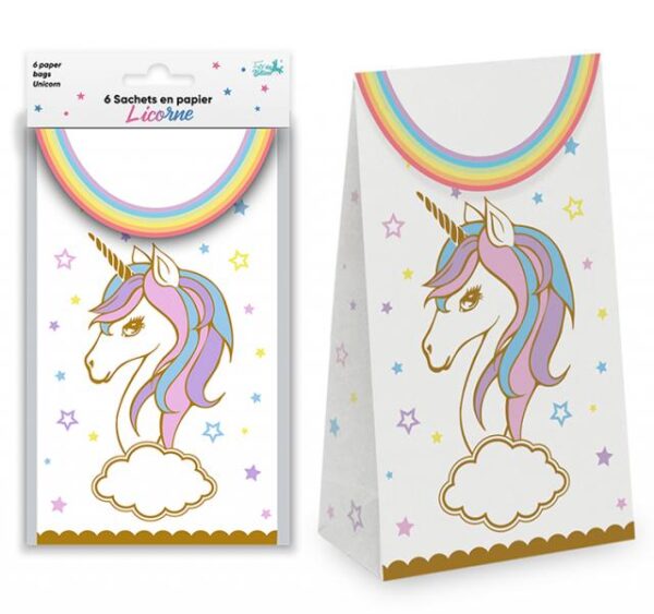 Lot de 6 sachets en papier blancs avec motif de licorne, crinière multicolore, corne dorée, arc-en-ciel, étoiles et espace nuage pour écrire un nom, idéaux pour les anniversaires d'enfants, les baptêmes, les communions, les mariages et les fêtes sur le thème des licornes et des contes de fées