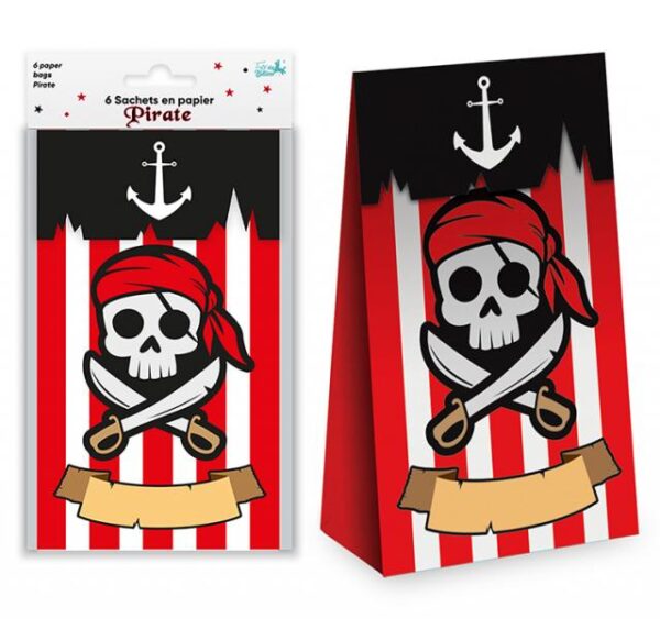 Lot de 6 sachets en papier pirates avec motif tête de mort, sabres croisés, ancre, rayures rouges et blanches et espace pour écrire un nom, idéaux pour les anniversaires d'enfants, les goûters, les chasses au trésor et les fêtes sur le thème des pirates