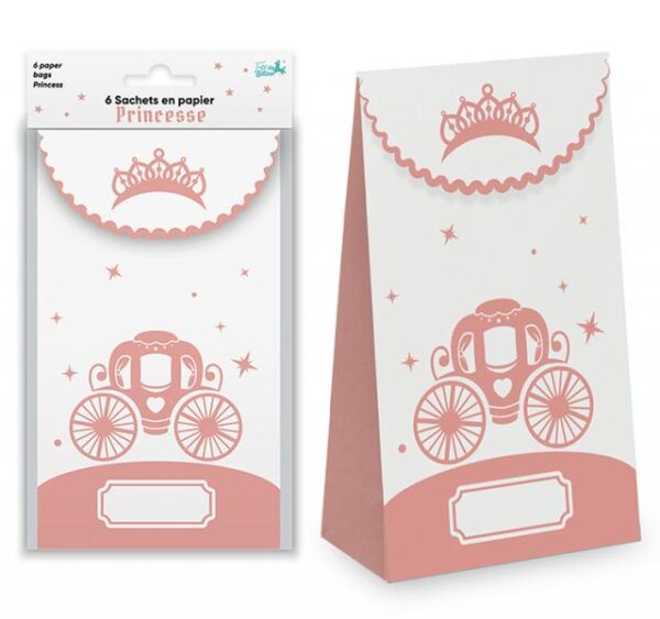 Lot de 6 sachets en papier roses et blancs, motif carrosse de princesse et couronne, avec espace pour écrire un nom, idéaux pour les anniversaires d'enfants, les baptêmes, les communions, les mariages et les fêtes sur le thème des princesses et des contes de fées.