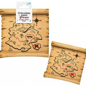 Lot de 12 serviettes en papier pirates, motif carte au trésor avec île, palmiers, boussole et croix, idéales pour les anniversaires d'enfants, les goûters, les chasses au trésor et les fêtes sur le thème des pirates.