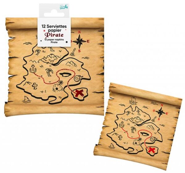 Lot de 12 serviettes en papier pirates, motif carte au trésor avec île, palmiers, boussole et croix, idéales pour les anniversaires d'enfants, les goûters, les chasses au trésor et les fêtes sur le thème des pirates.