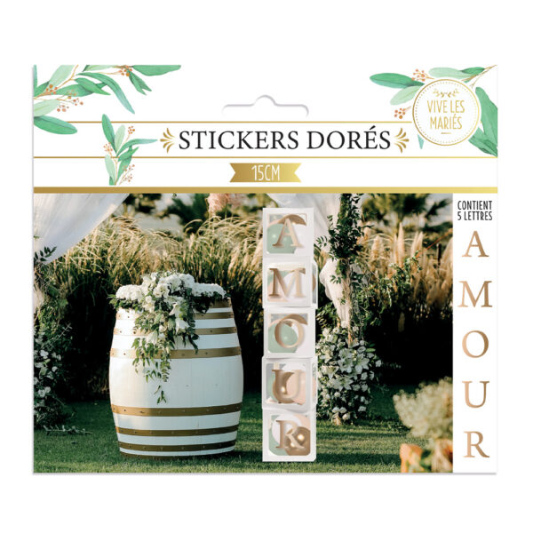 STICKERS LETTRES DOREES "AMOUR". mariage, saint Valentin