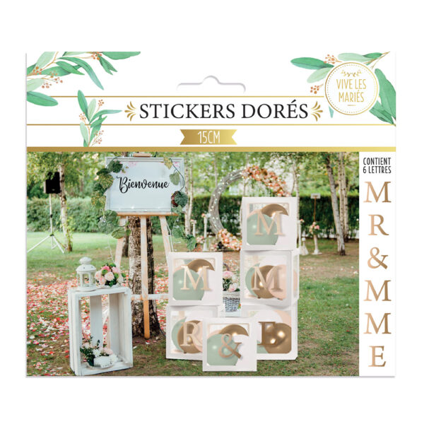 STICKERS LETTRES DOREES "MR & MME". Pour vos clients voulant une belle décoration de mariage