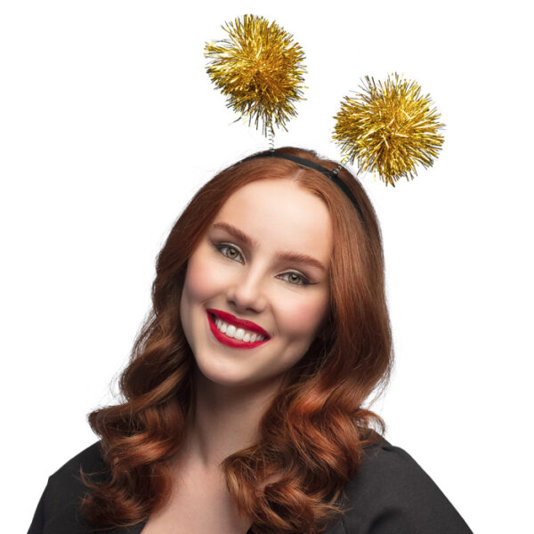 Serre-tête avec pompons or en tissu, en forme de boule à facettes. Accessoire de déguisement idéal pour une soirée à thème disco, un carnaval ou Halloween.