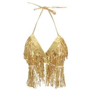 Top de festival or en tissu recouvert de sequins et de franges. Accessoire de déguisement idéal pour une soirée à thème festival, un carnaval ou Halloween