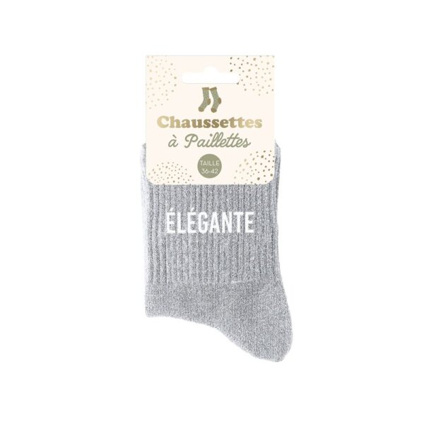 chaussettes grises à paillettes avec la mention "Élégante" en blanc