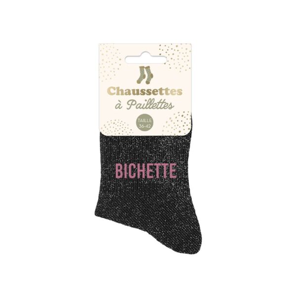 chaussettes noires à paillettes avec la mention "Bichette" en rose