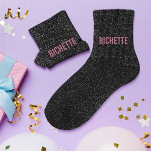 chaussettes noires à paillettes avec la mention "Bichette" en rose